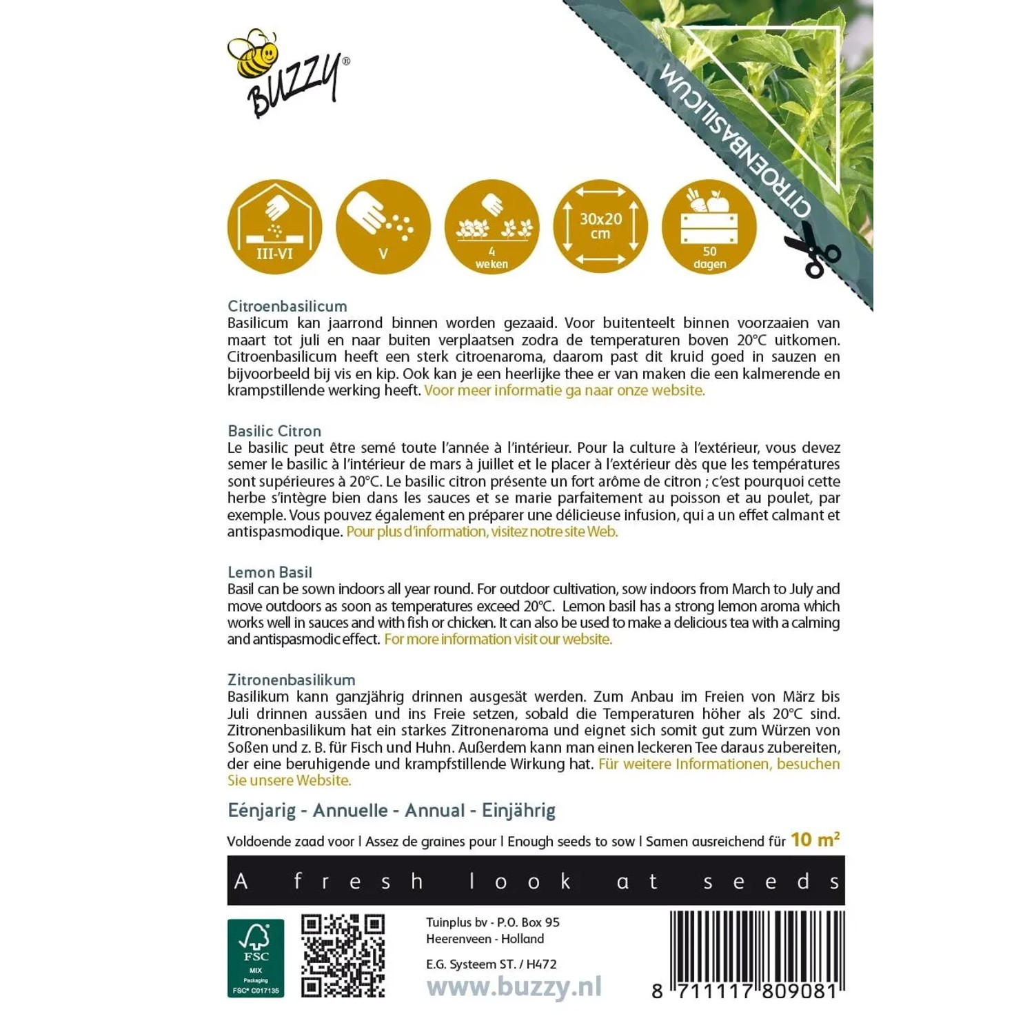 Saatgutpackung Basilikum 'Lemon' mit Zitronengeschmack, Buzzy Marke.