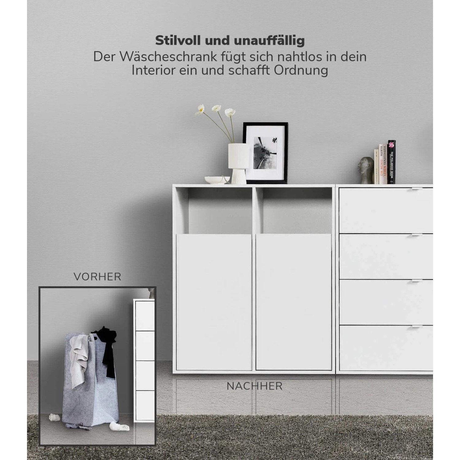 mokebo Wäscheschrank in Weiß, Vorher-Nachher Vergleich mit Wäschesortierer. Badregal für mehr Ordnung.