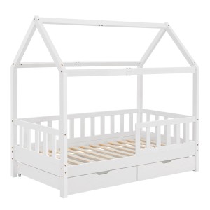 Weißes Juskys Kinderbett Marli 90x200 mit Bettkasten, Matratze und Haus-Optik.