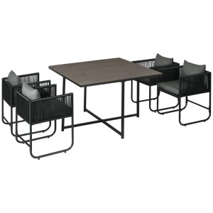 Furnicato Outdoor Essgruppe, 5-teilig, Polyrattan schwarz/grau mit Tisch und Stühlen.