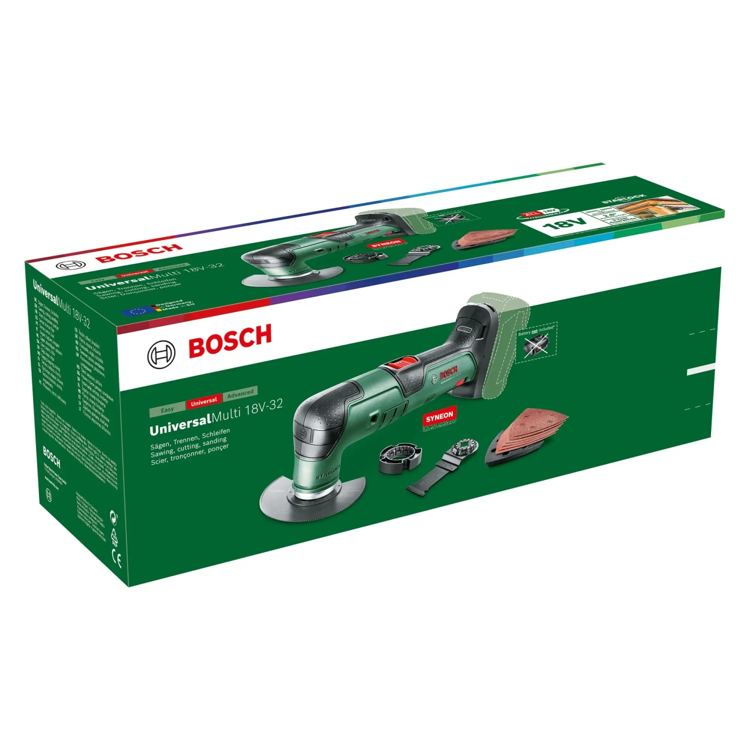 Bosch Universal 18V-32 Akku-Multifunktionswerkzeug im Karton mit Zubehör.