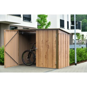 Duramax Fahrradgarage 2x1m in Holzoptik Braun mit geöffneter Tür und Fahrrad im Inneren.