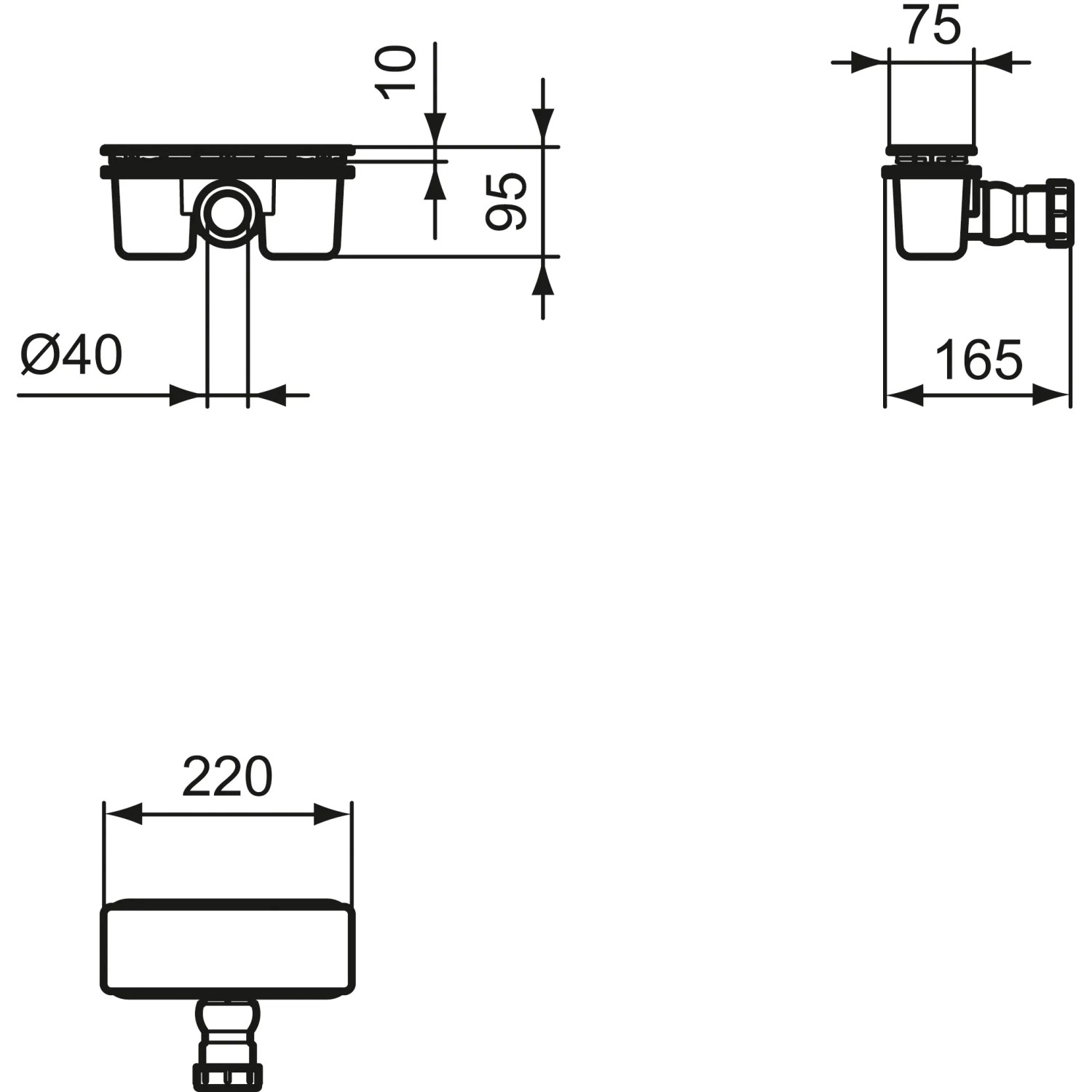 Ideal Standard Ultra Flat New Ablaufgarnitur, schwarz, Maße: 10/95/40/75/165/220 mm.