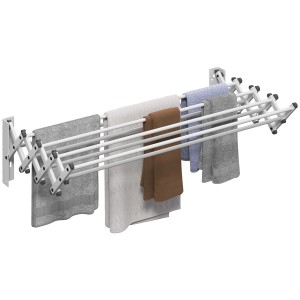 HOMCOM Wand-Wäscheständer, ausziehbar, silberfarben, mit Handtüchern. Platzsparende Badaccessoires.