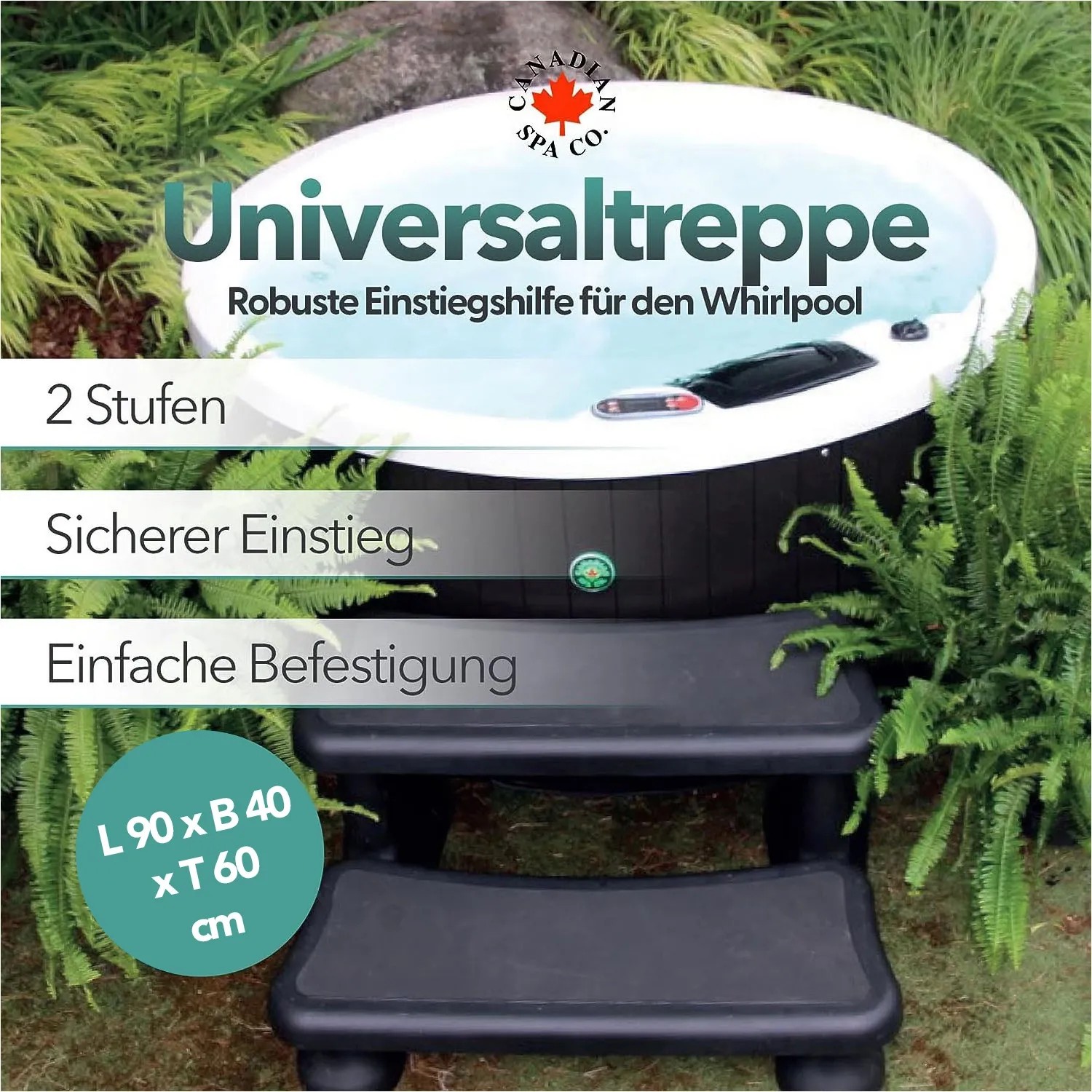 Canadian Spa Treppe, Universal-Einstiegshilfe für Whirlpool, 2 Stufen, schwarz.