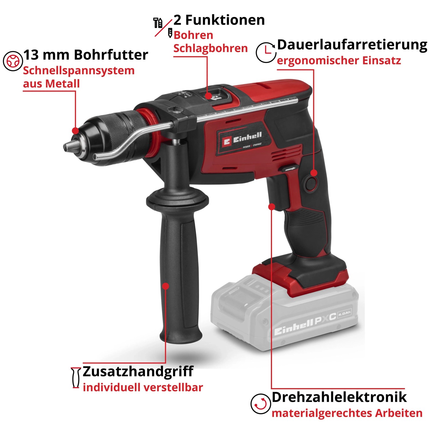 Rote Einhell Akku-Schlagbohrmaschine TE-ID 18 Li-Solo mit 13mm Metall-Schnellspannfutter, Zusatzgriff und Schlagfunktion.