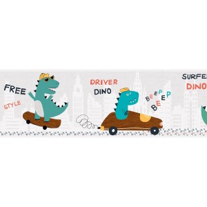 Grün-braune Kindertapete mit Dinosaurier-Motiven, ideal für das Kinderzimmer.