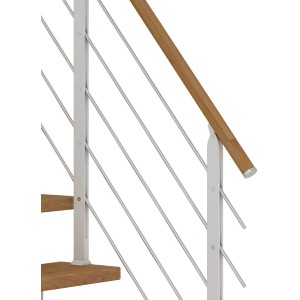 Detailansicht Dolle Mittelholmtreppe Frankfurt Eiche: Geländer mit Holzhandlauf und Edelstahlstäben.
