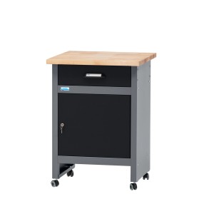 Küpper Werkbank mit Tür, Schublade und Rollen, schwarz-grau. Mobile Werkbank mit Buchenholzplatte.