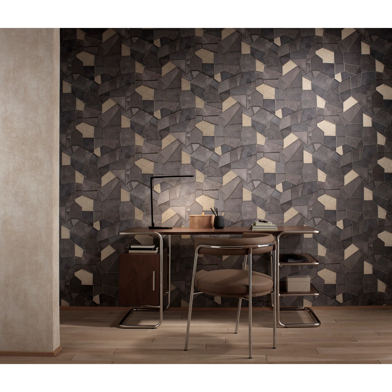 Erismann Vliestapete Elle Decoration 4 Mosaique Taupe im Raum, Schieferoptik.