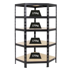 Schwarzes PROREGAL Eckregal Tiger mit 5 Böden, Fachlast 175 kg, ideal für Lager und Werkstatt.