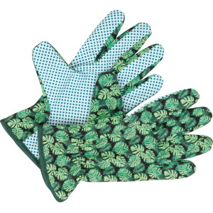 Baumwoll-Gartenhandschuhe im 3er-Set, Größe 8, mit grünem Blätter- und Punktmuster.