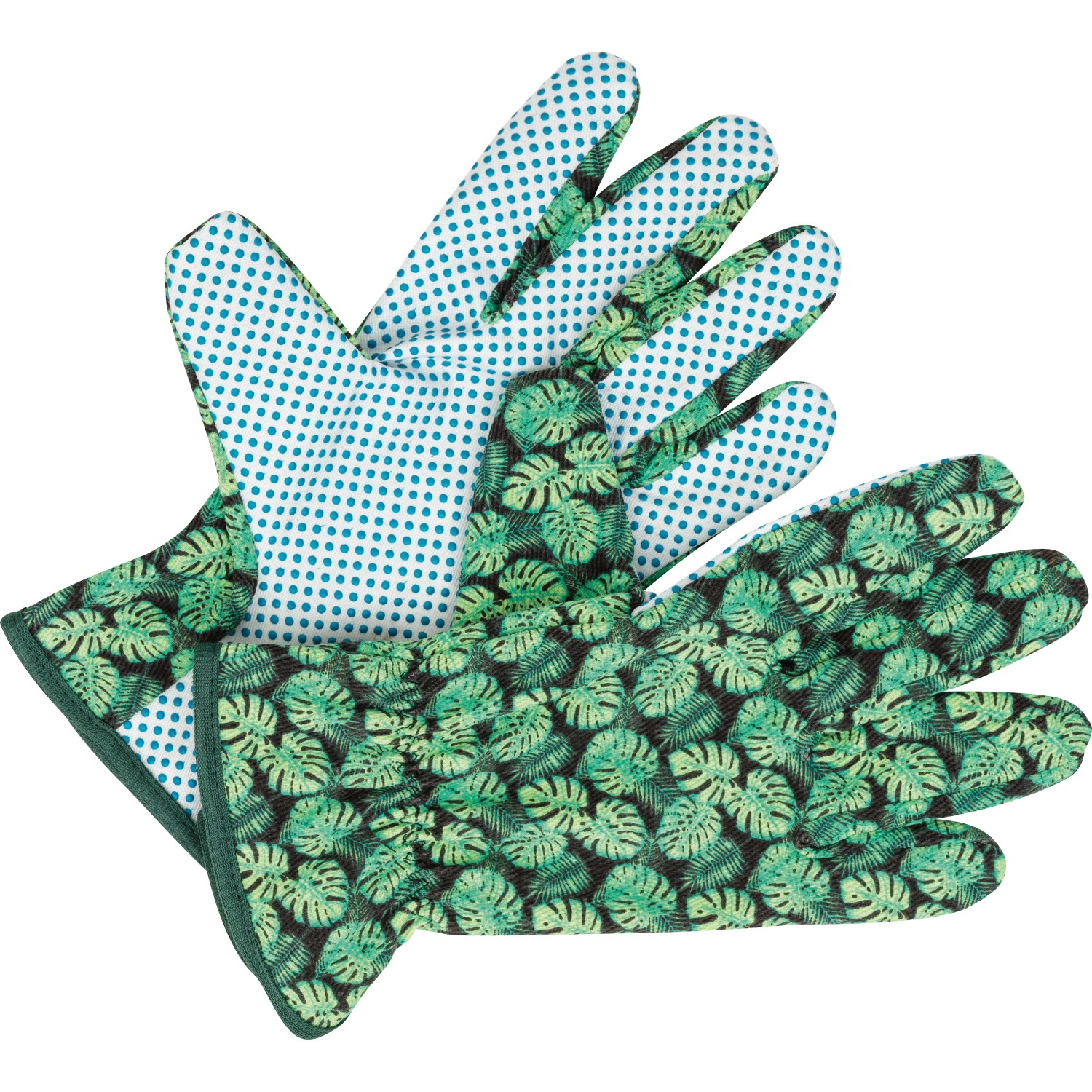 Baumwoll-Gartenhandschuhe im 3er-Set, Größe 8, mit grünem Blätter- und Punktmuster.