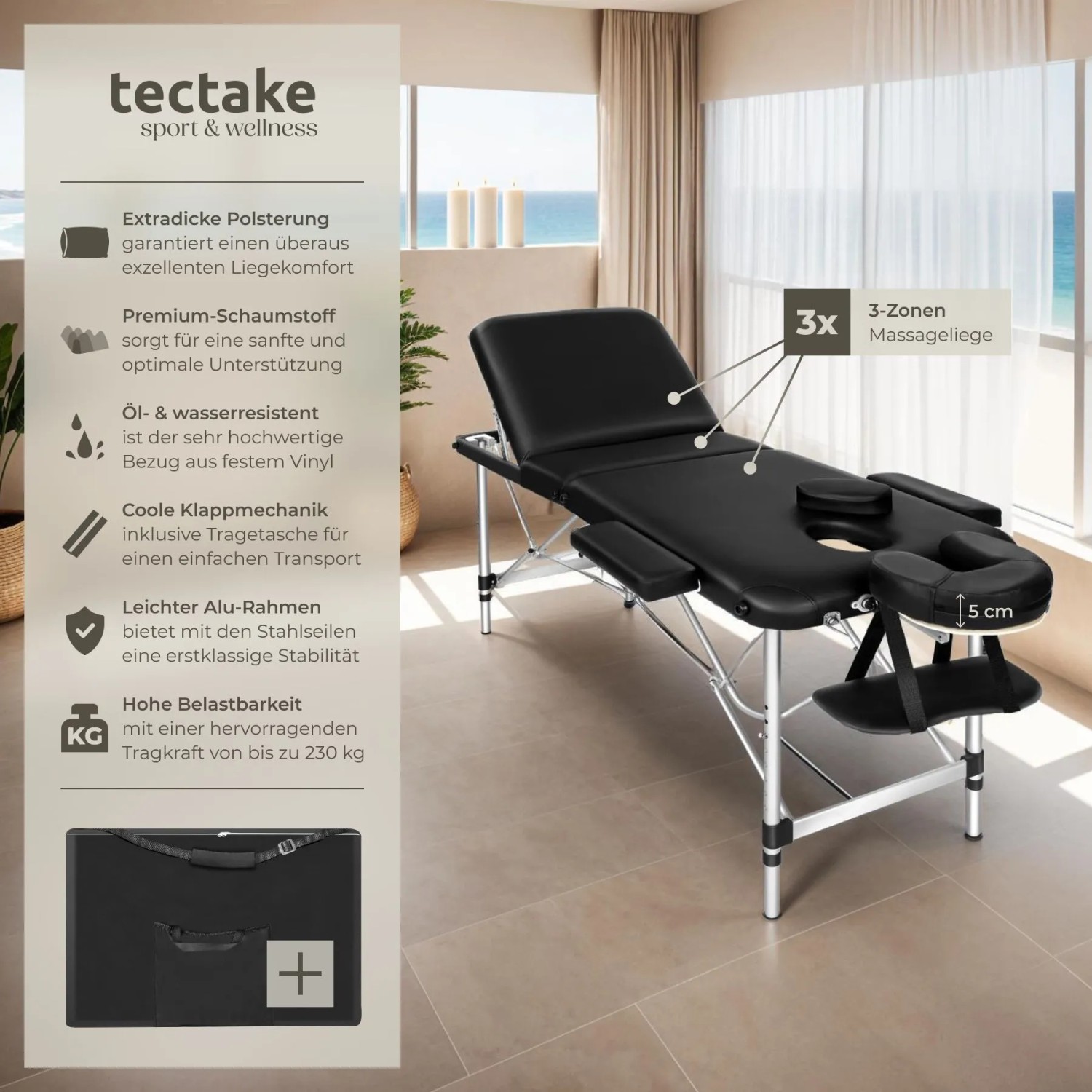Schwarze Tectake 3 Zonen Massageliege (61 cm breit) mit Tragetasche. Sonnenliege mit Alu-Gestell.