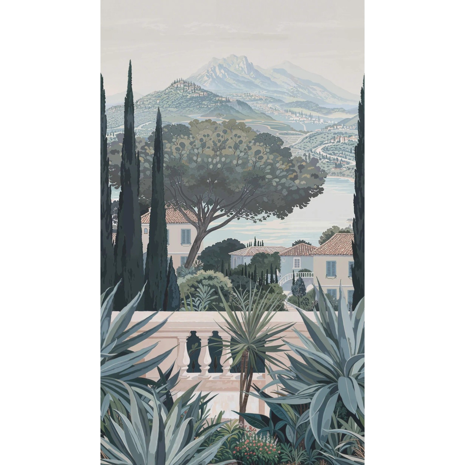 Fototapete mit Architekturmotiv in Blau, Creme und Beige. Landschaft mit Häusern und Bergen.