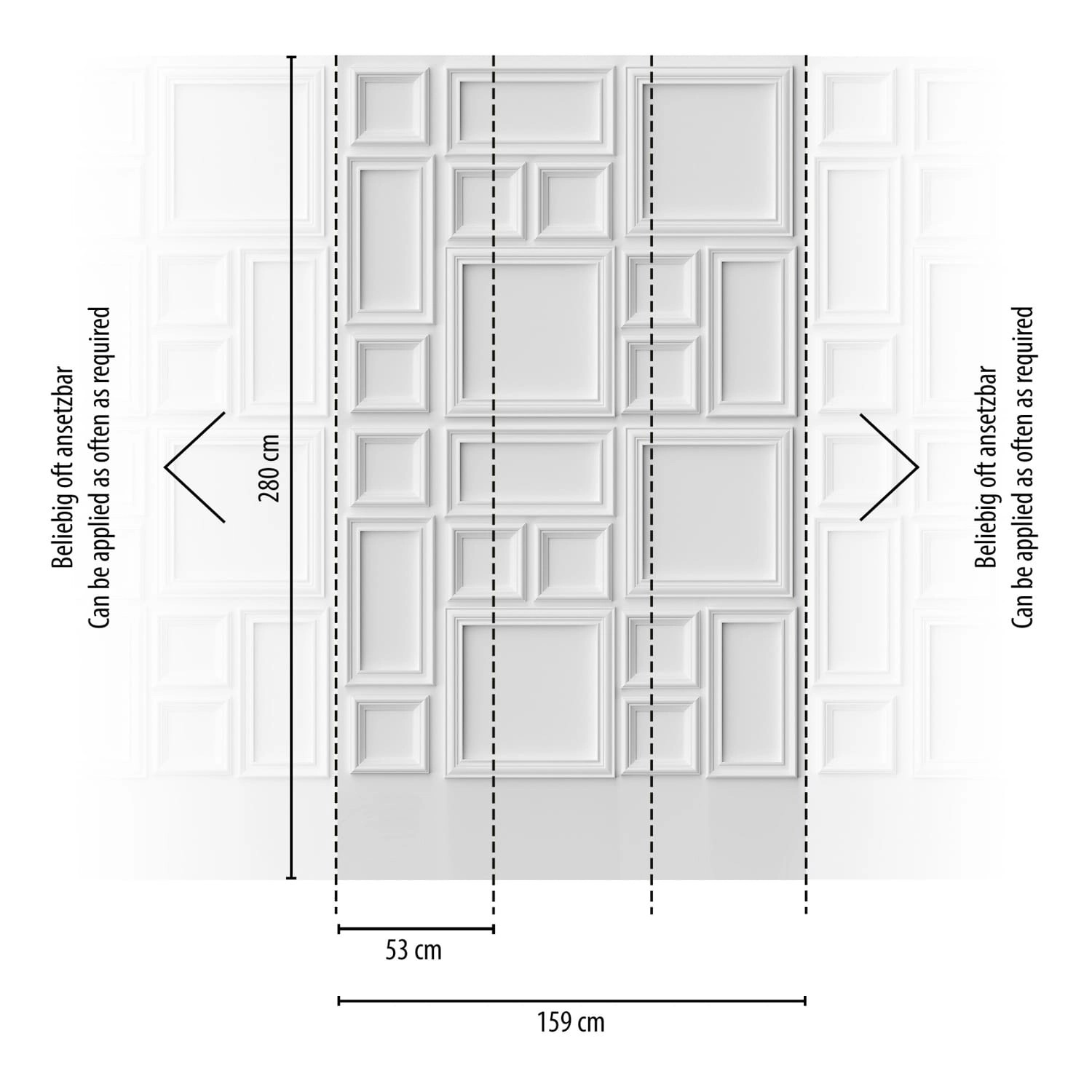 PROFHOME Fototapete in Weiß/Grau mit 3D-Rahmen-Design und Maßangaben.