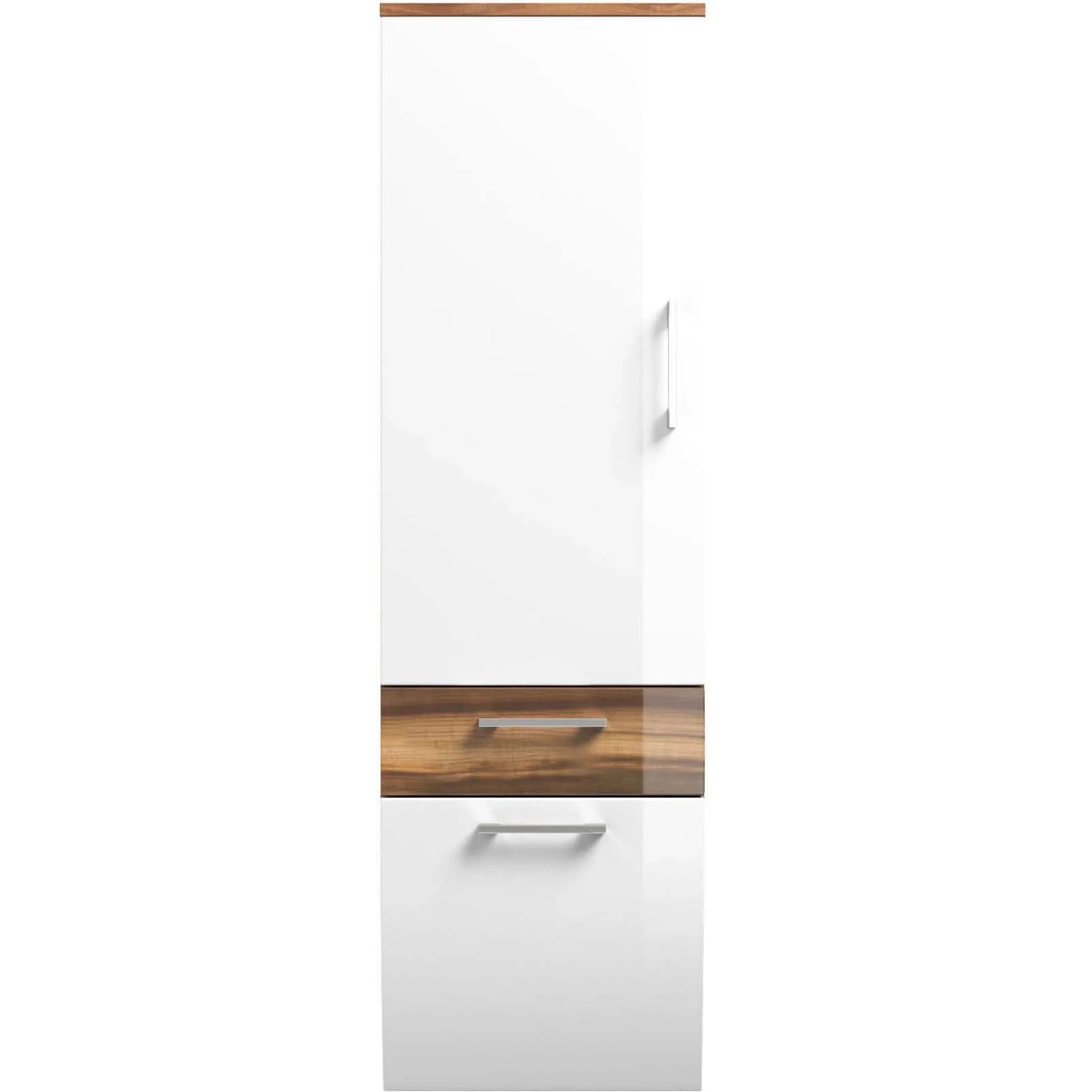 Posseik Bad-Hochschrank Rima, 40 cm, Walnuss-Optik mit weißen Fronten.