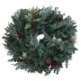 Runder künstlicher Kranz Ø 45cm mit grünem Blattwerk, Stechpalmenblättern, roten Beeren und Tannenzapfen. Weihnachtsdekoration.