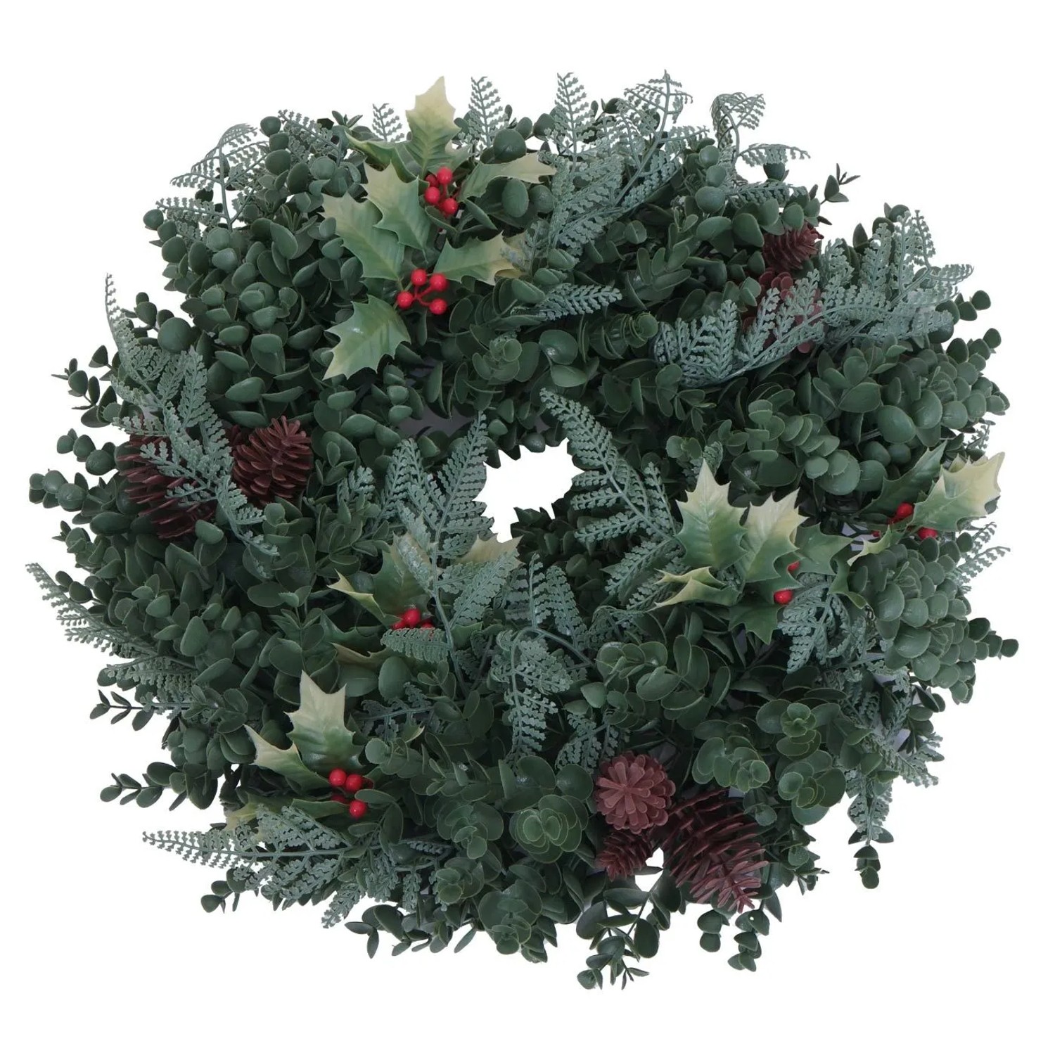 Runder künstlicher Kranz Ø 45cm mit grünem Blattwerk, Stechpalmenblättern, roten Beeren und Tannenzapfen. Weihnachtsdekoration.