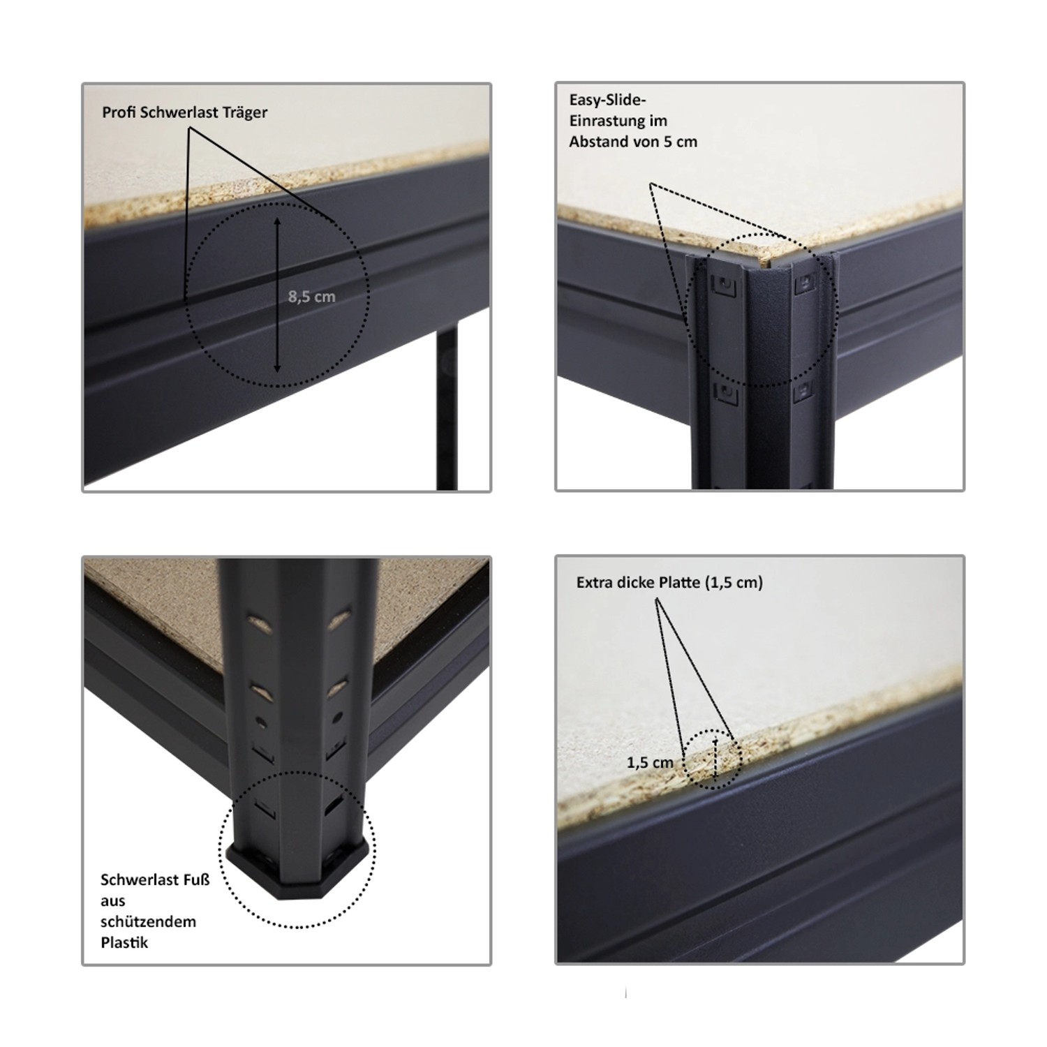 Detailansichten von PROREGAL Schwerlastregal & Werkbank: Fachböden, Träger, Füße.