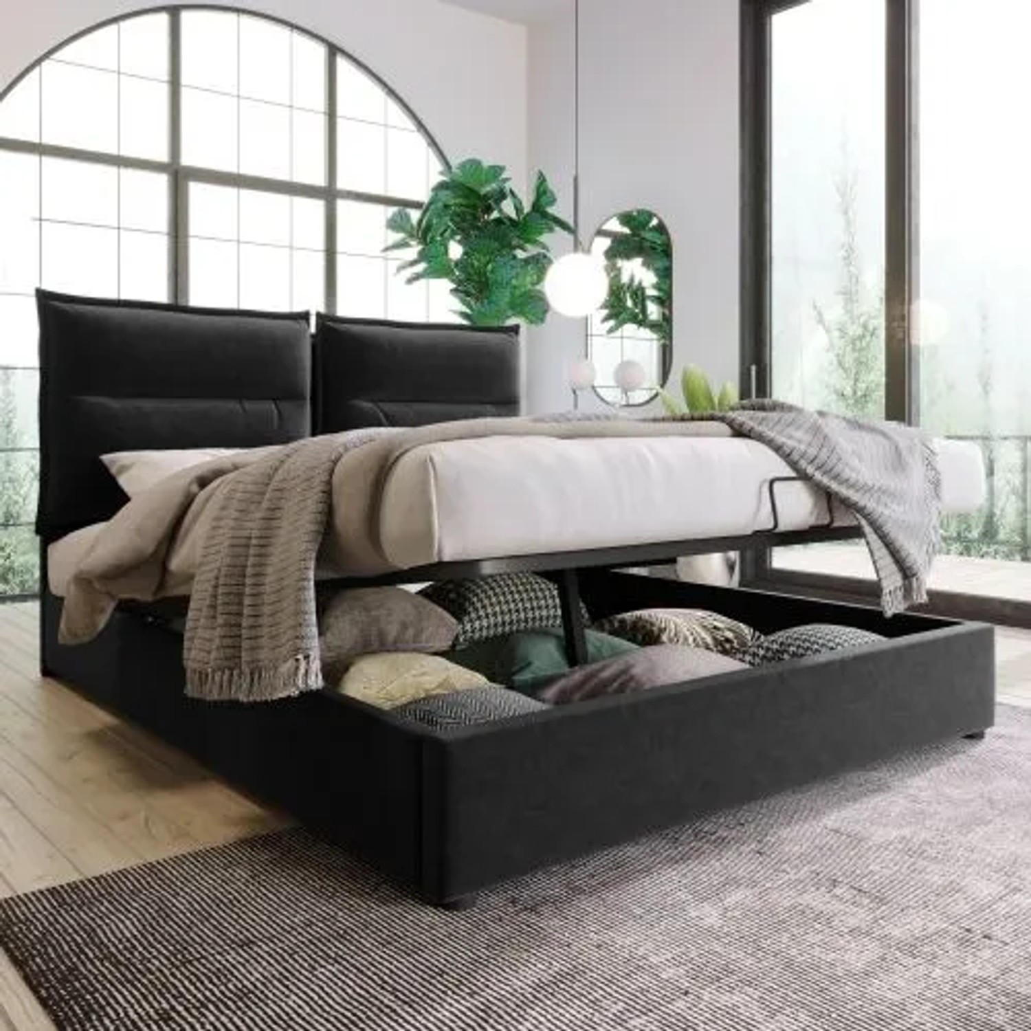 Schwarzes gepolstertes Doppelbett 140x200cm aus Samt mit offenem hydraulischem Stauraum unter dem Lattenrost.