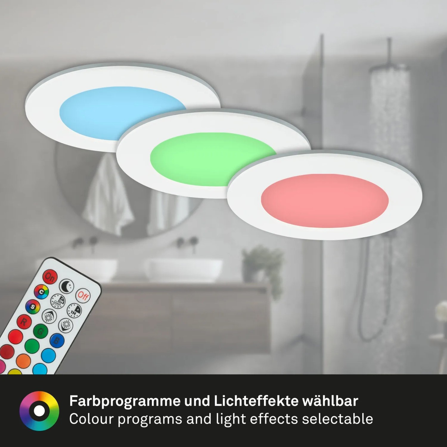 3er Set Briloner LED Einbaustrahler mit Farbwechsel und Fernbedienung im Badezimmer.