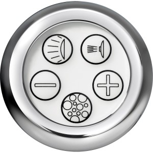 Detailaufnahme: Bedienelement für Ottofond Galia I Whirlpool mit Symbolen für Licht, Düsen, Intensität.