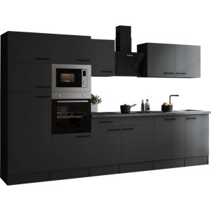 Respekta Küchenzeile Oliver 340 cm Grau Matt mit E-Geräten und Spüle.