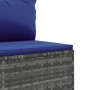 Detailaufnahme: Graues Gartenlounge-Set aus Polyrattan mit blauen Kissen.