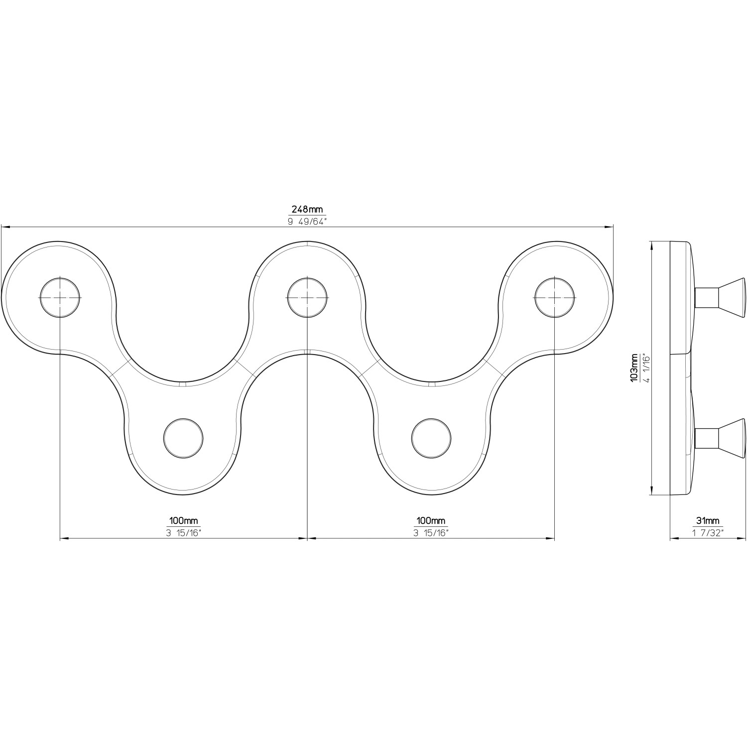 Technische Zeichnung: Siro Hakenleiste, 248mm, 5 Haken, Maße und Ansichten.