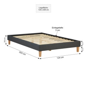 Graues Homestyle4u Polsterbett 120x200 mit Lattenrost und Matratze. Bett mit Holzfüßen.