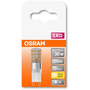 Osram LED-Leuchtmittel G9, 2,6W, warmweiß, 320lm, EEK: E. Kompakte Stiftform für G9 Fassung.
