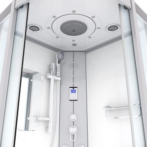 Innenansicht der AcquaVapore Dampfdusche D46-20T2 100x100 mit Regendusche und Bedienelementen.