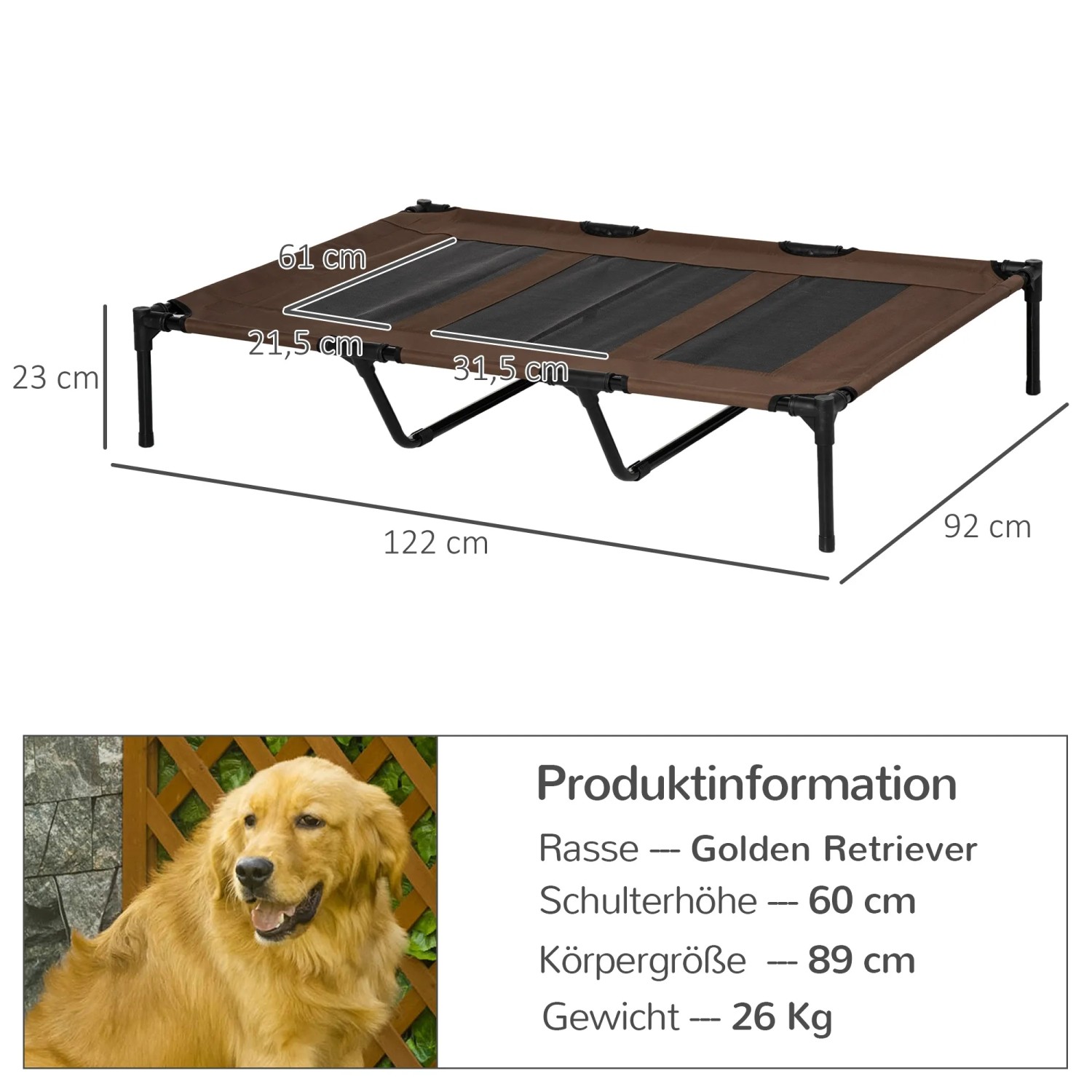 PawHut Hundebett in Braun/Schwarz mit Maßen. Erhöhte Liegefläche für große Hunde.
