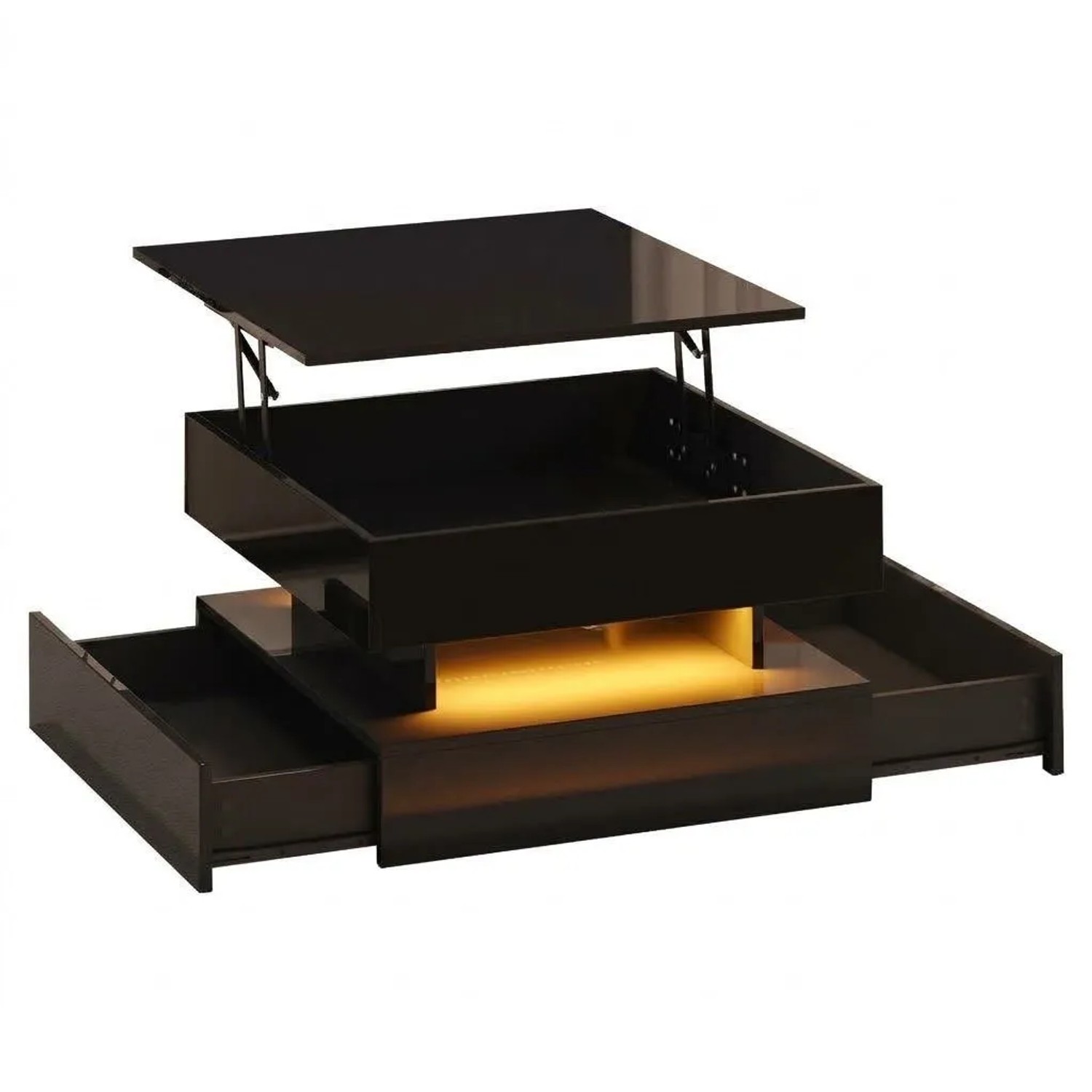 Merax Couchtisch Höhenverstellbar Mit LED 2 Schubladen Geometrisches Design Schwarz