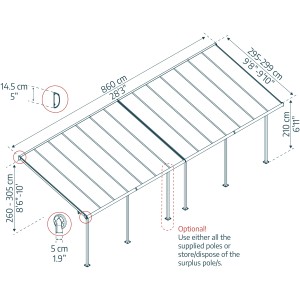 Technische Zeichnung: Palram Canopia Sierra Terrassenüberdachung, 860x295 cm, graues Aluminium, Maße.