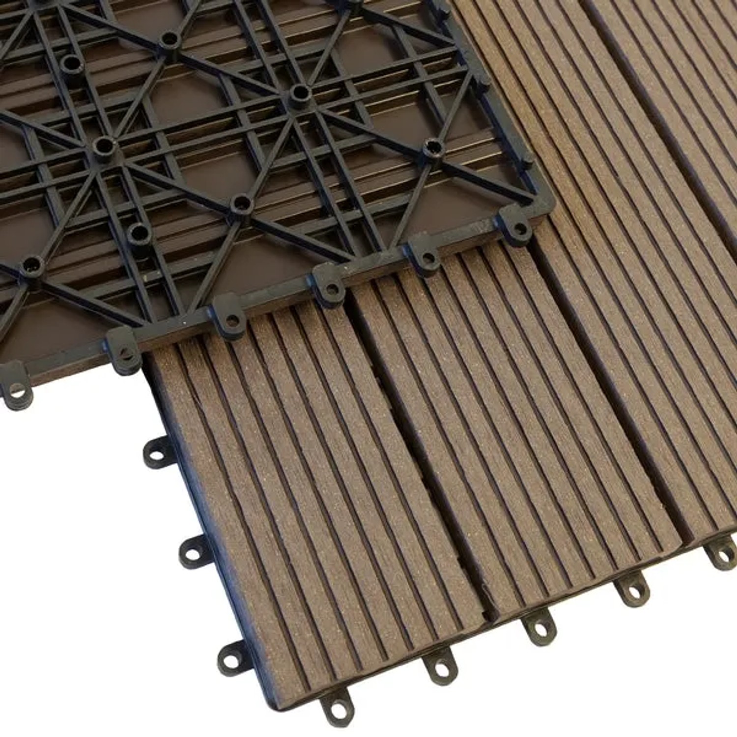 Dunkelbraune KARAT WPC Klickfliese Royal, wetterbeständig, 30x30 cm, für Terrasse und Balkon.