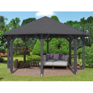 Schiefergrauer Skan Holz Pavillon Nice 3 aus Leimholz, 557x557 cm, mit Massivholzdach im Garten.