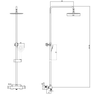 PaulGurkes Duschsystem mit Thermostat, Regendusche und Handbrause. Technische Zeichnung für Aufputzmontage.