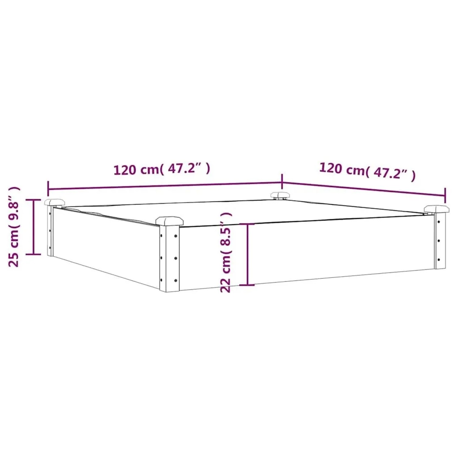 Graues vidaXL Hochbeet aus Tannenholz, 120x120x25 cm, mit Einsatz für Garten und Terrasse.