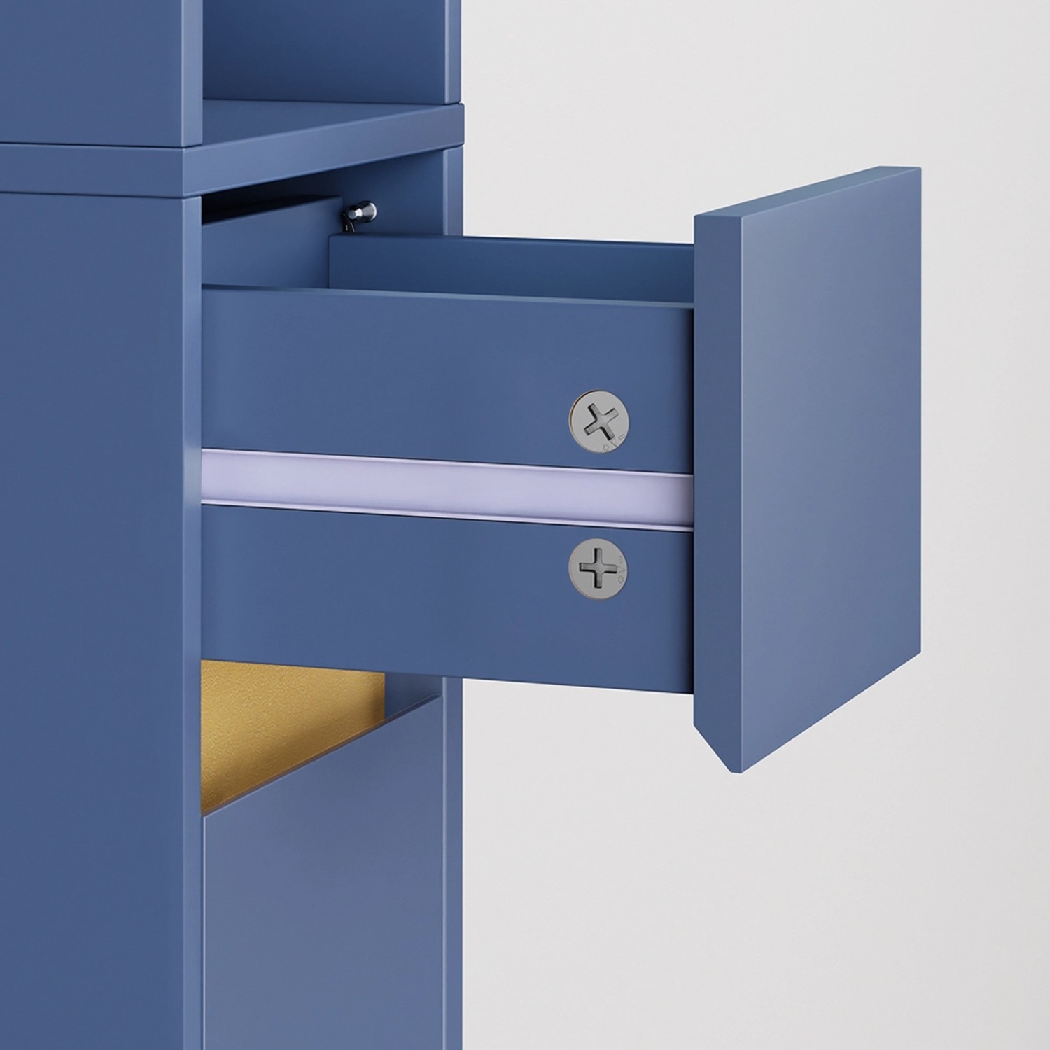 Detailaufnahme: Blauer SoBuy Badezimmerschrank Hochschrank mit offener Schublade.