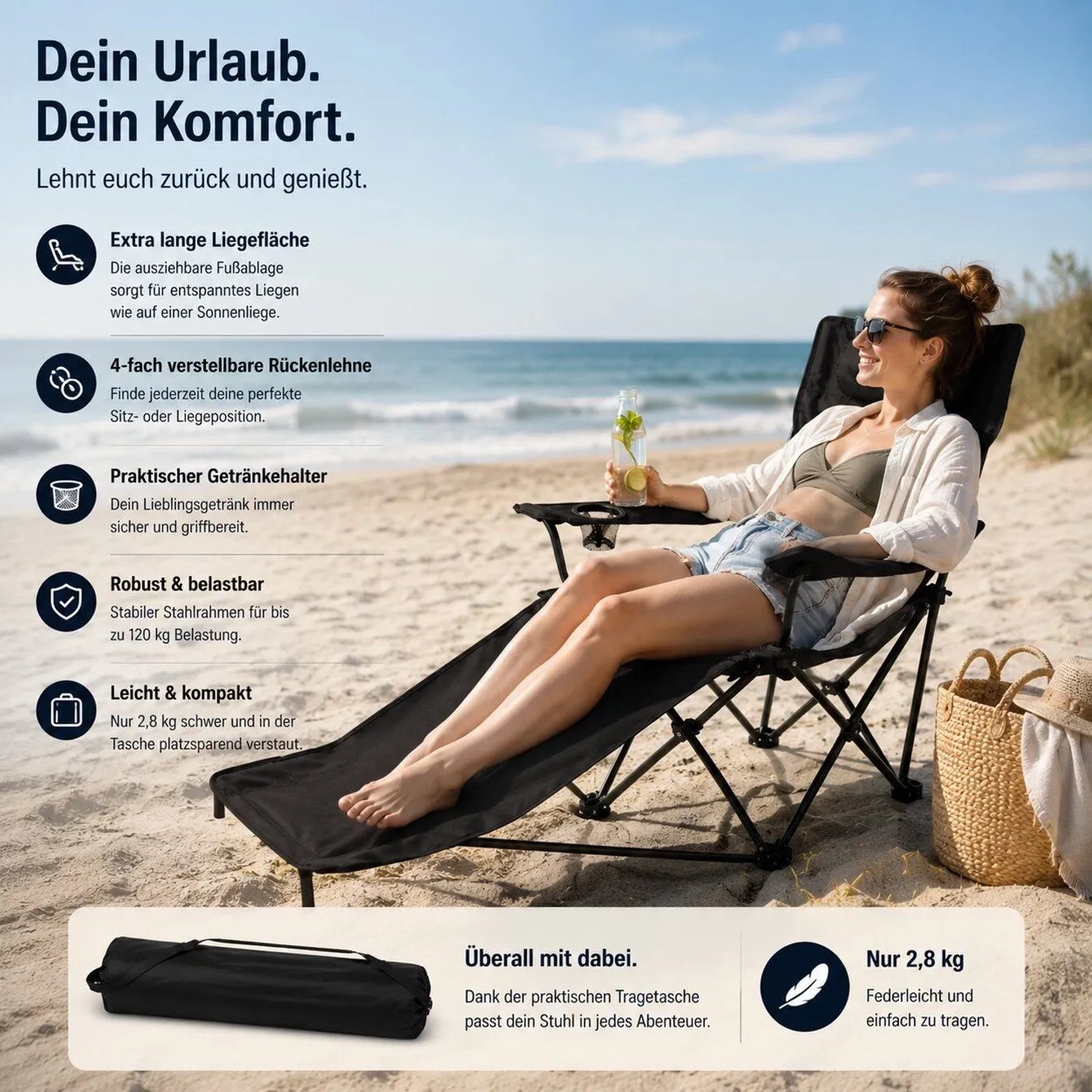 BigDean Verstellbarer Campingstuhl mit Fußablage Campingstuhl Faltbar Outdoor Relaxsessel mit Hoher Rückenlehne Getränkehalter & Tragetasche_6