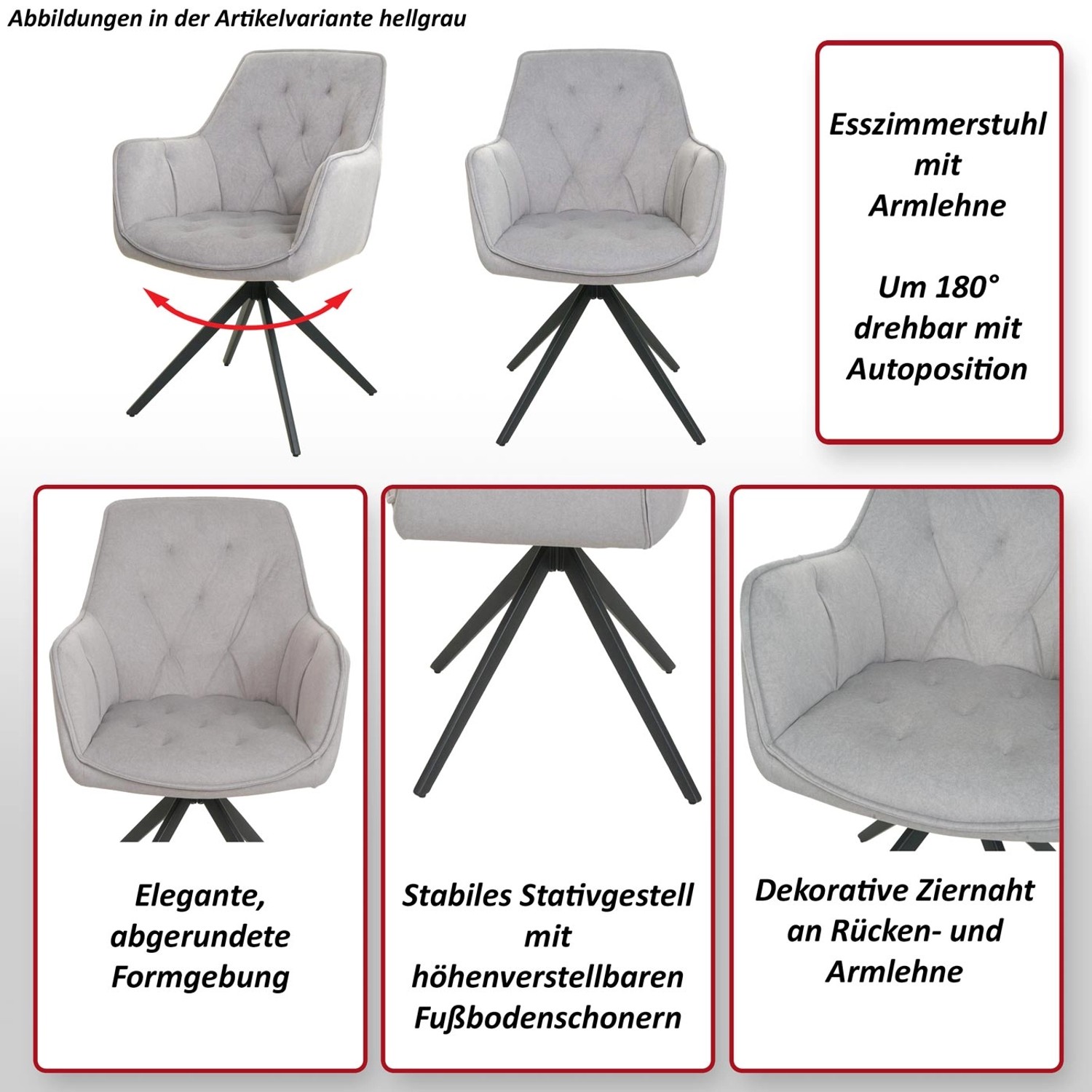 6er-Set braune Polsterstühle: Esszimmerstühle mit Armlehne, drehbar und mit Stahlgestell.