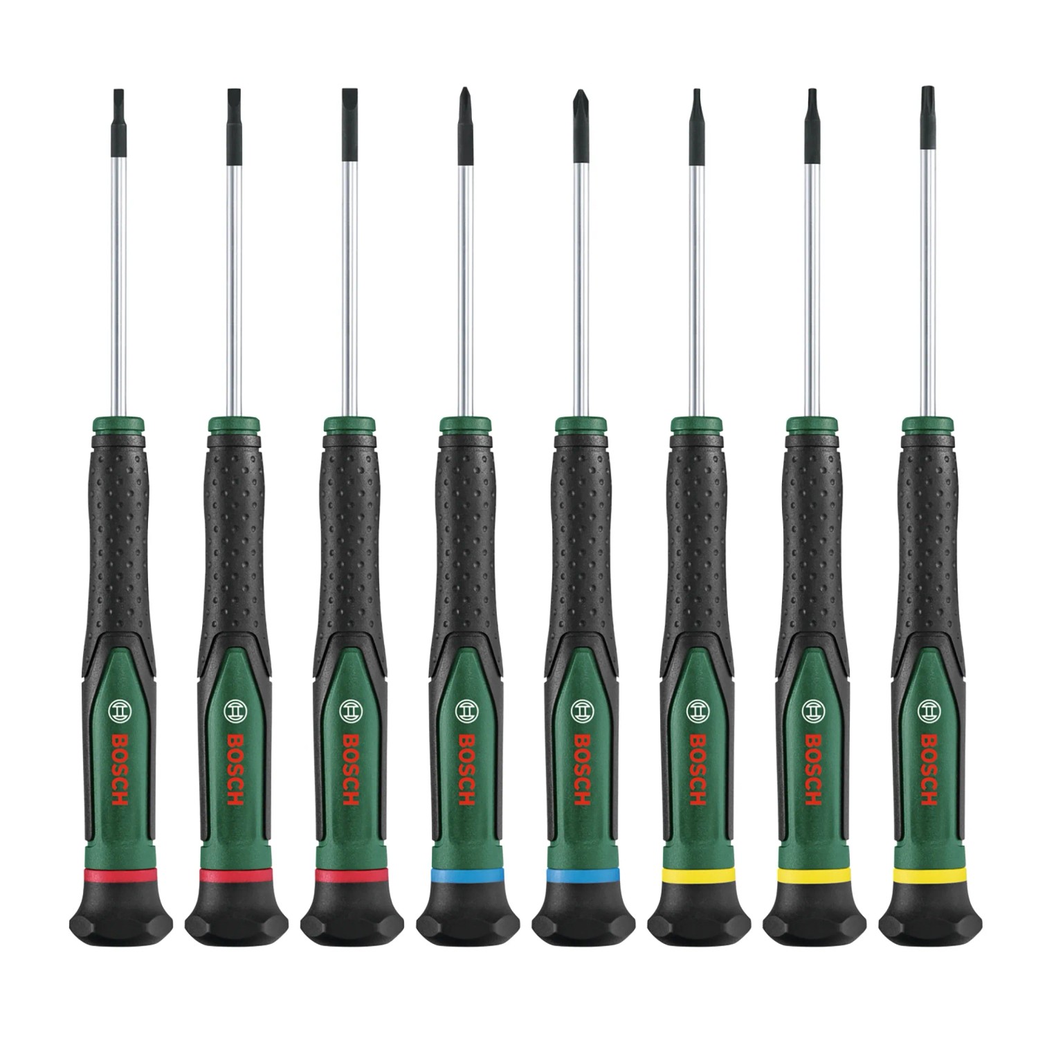 Bosch Präzisionsschraubendreher Set, 8-teilig, verschiedene Größen und Köpfe.