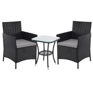 Schwarzes 3-tlg. Svita Brooklyn Bistro Gartenmöbelset aus Polyrattan mit 2 Stühlen, grauen Kissen und Glastisch.