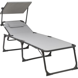 Hellgrauer Liegestuhl Mocoa mit Aluminiumgestell und Sonnendach für Camping & Garten.