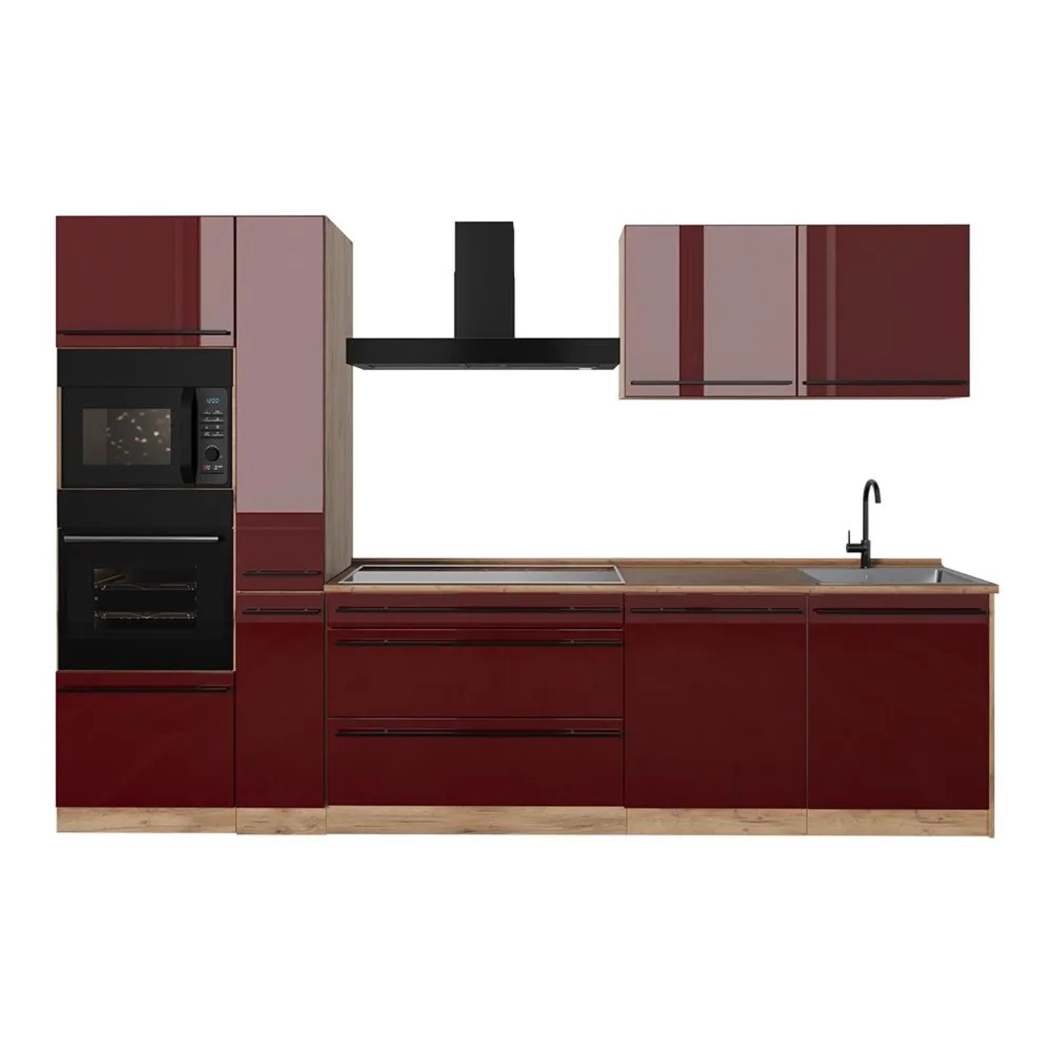 Vicco Küchenzeile R-Line Rot Hochglanz/Goldkraft Eiche 310 x 207 ohne Arbeitsplatte Art Nr 66444
