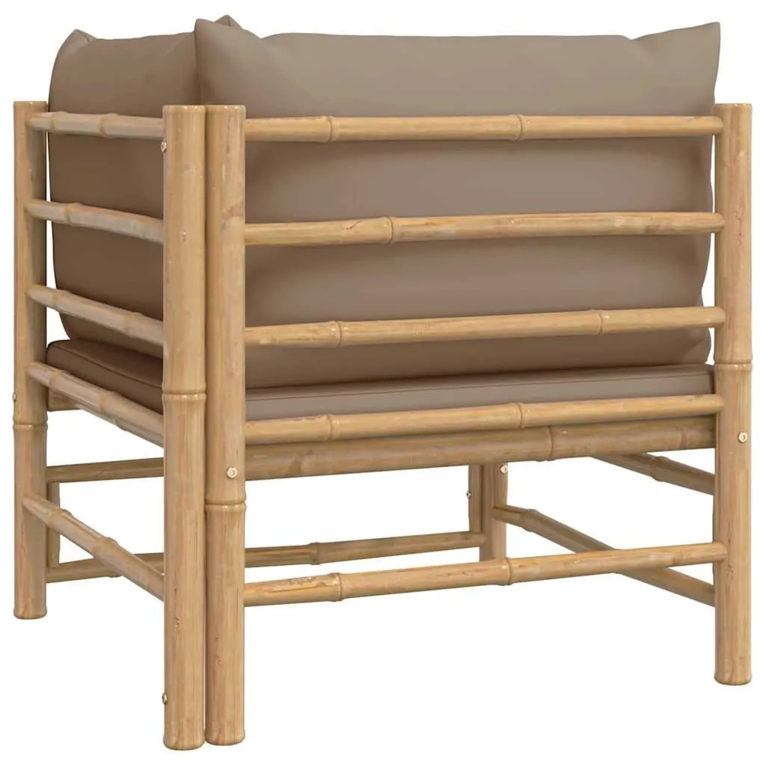 Helles Bambus Garten-Ecksofa mit dicken taupefarbenen Sitz- und Rückenkissen. Modernes Outdoor-Möbelstück.