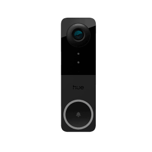 Schwarze, kabelgebundene Philips Hue Türklingelkamera Secure für Videoüberwachung.