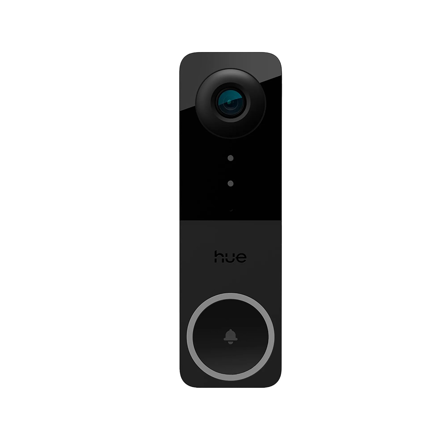 Schwarze, kabelgebundene Philips Hue Türklingelkamera Secure für Videoüberwachung.